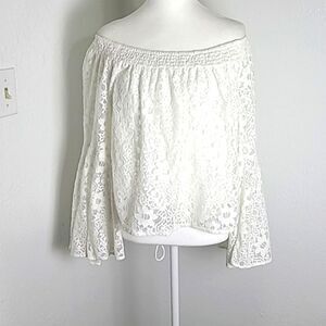 Hollister White Lace Off the Shoulder Top with Wide Bell Sleeves, Size Large